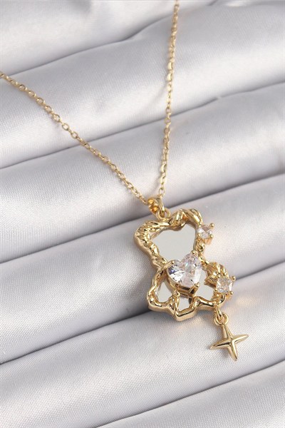 Mey İthalat® 316L Çelik Gold Renk Zincir Ayna Ayıcık Model Zirkon Taşlı Kalp Model Kadın Kolye