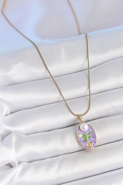 Mey İthalat® 316L Çelik Gold Renk Zincir Mor Mineli Oval İncili Çiçek İşlemeli Portre Model Kadın Kolye