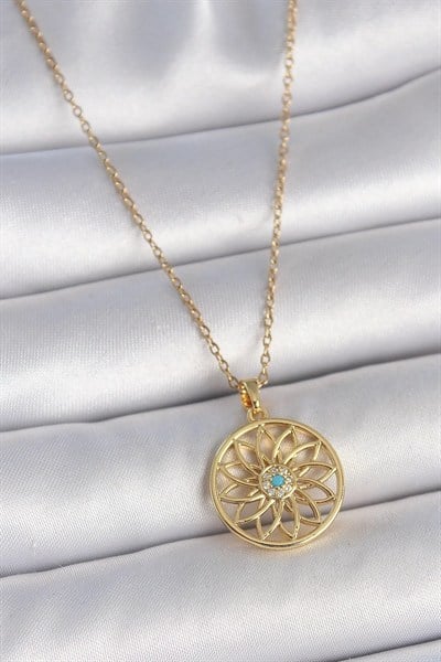 Mey İthalat® 316L Çelik Gold Renk Zincr Mavi Taşlı Lotus Model Kadın Kolye
