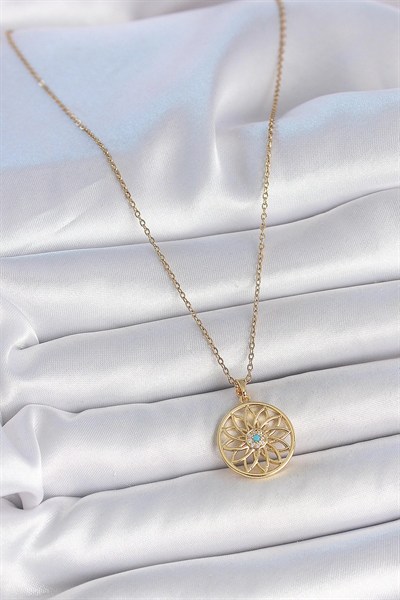 Mey İthalat® 316L Çelik Gold Renk Zincr Mavi Taşlı Lotus Model Kadın Kolye
