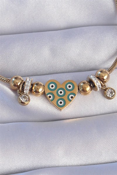 Mey İthalat® 316L Çelik Gold Renk Zirkon Taşlı Nazarlı Kalp Tasarımlı Bileklik