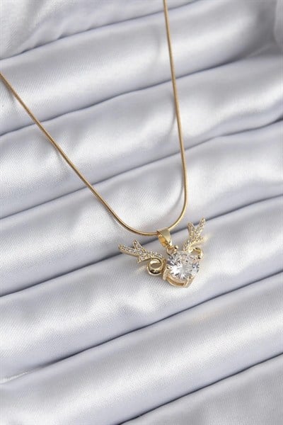 Mey İthalat® 316L Çelik Gold Renk Zirkon Taşlı Boynuz Model Kadın Kolye