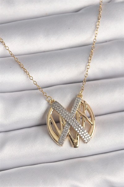 Mey İthalat® 316L Çelik Gold Renk Zirkon Taşlı Vintage Model Kadın Kolye