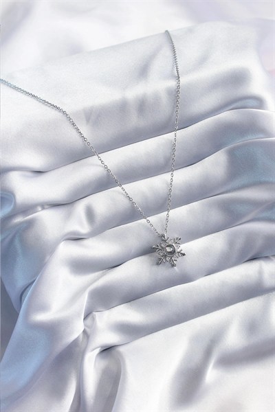 Mey İthalat® 316L Çelik Gold Renk Zirkon Taşlı Kar Tanesi Projeksiyon Model Kadın Kolye