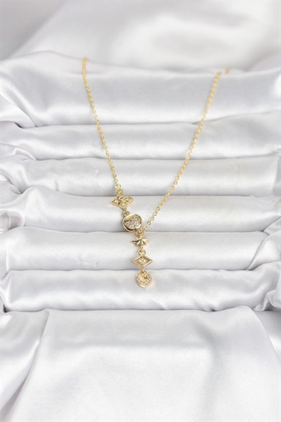 Mey İthalat® 316L Çelik Gold Renk Zirkon Taşlı Y Kadın Kolye