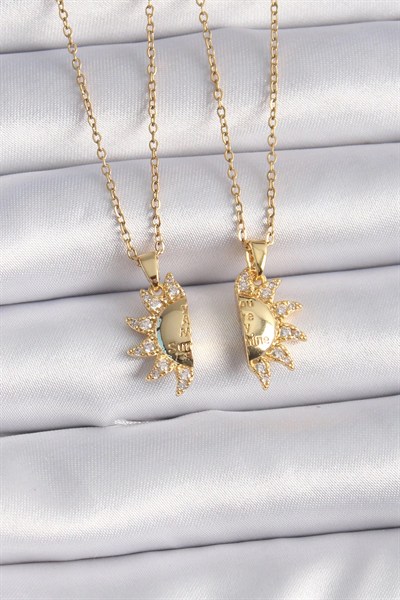 Mey İthalat® 316L Çelik Gold Renk Zirkon Taşlı Güneş Model İşleme Yazı Detay Arkadaş Kolyesi