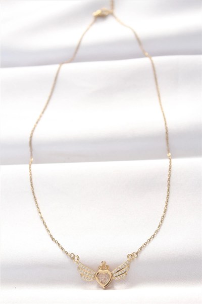 Mey İthalat® 316L Çelik Gold Renk Zirkon Taşlı Kalpli Kanat Kolye