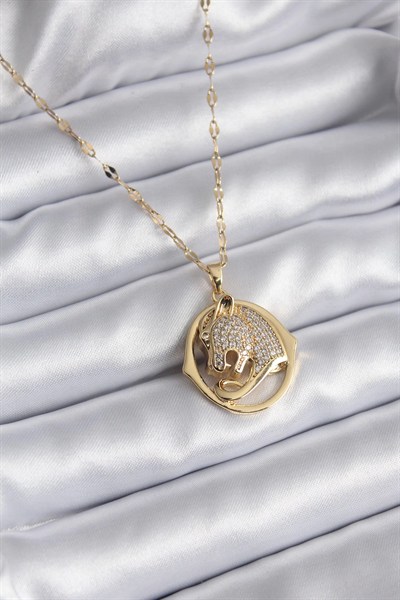Mey İthalat® 316L Çelik Gold Renk Zirkon Taşlı Jaguar Model Kadın Kolye