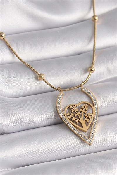 Mey İthalat® 316L Çelik Gold Renk Zirkon Taşlı Detaylı Kalp Fidan Model Kadın Kolye