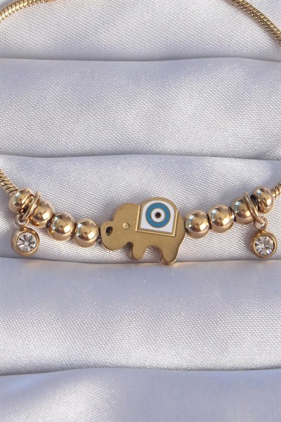 Mey İthalat® 316L Çelik Gold Renk Zirkon Taşlı Nazarlı Fil Tasarımlı Bileklik