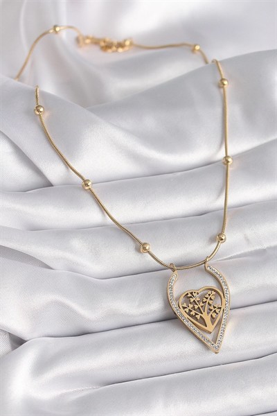 Mey İthalat® 316L Çelik Gold Renk Zirkon Taşlı Detaylı Kalp Fidan Model Kadın Kolye