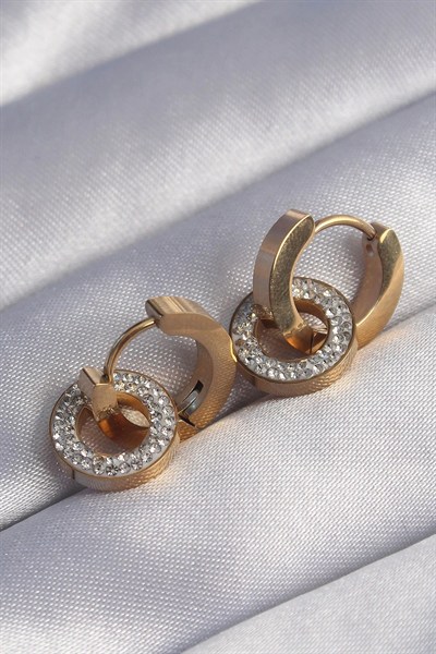 Mey İthalat® 316L Çelik Gold Renk Zirkon Taşlı İç İçe Geçmeli Oval Küpe
