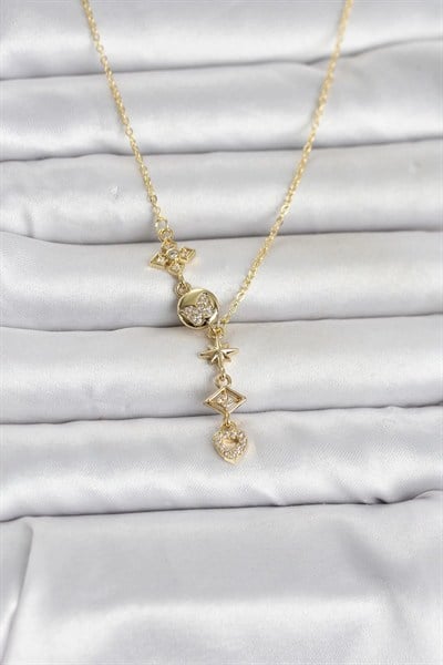 Mey İthalat® 316L Çelik Gold Renk Zirkon Taşlı Y Kadın Kolye