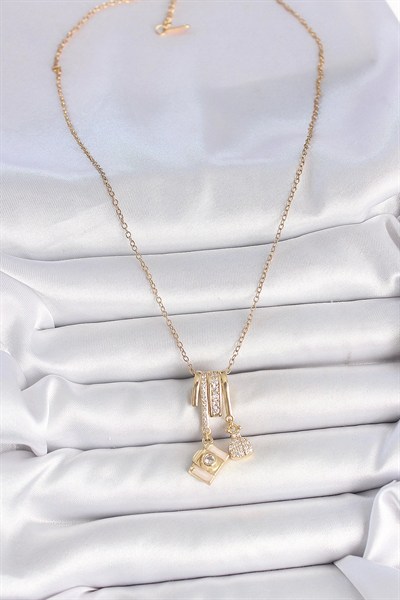Mey İthalat® 316L Çelik Gold Renk Zirkon Taşlı Sallantı Fotoğraf Makinası Figür Charm Kadın Kolye