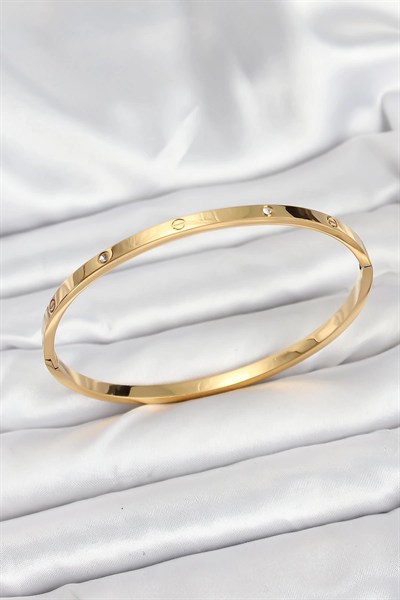 Mey İthalat® 316L Çelik Gold Renk Zirkon Taşlı 65 mm İnce Kadın Kelepçe Bileklik