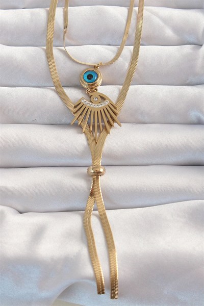 Mey İthalat® 316L Çelik Gold Renk Zirkon Taşlı Göz Detay Nazarlı Uzun Asansör Model Kolye