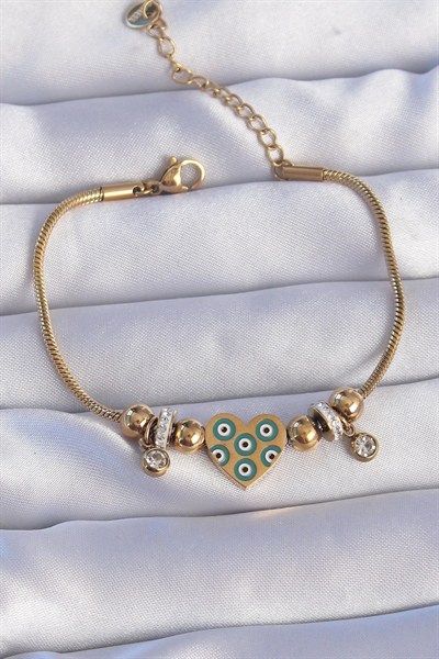 Mey İthalat® 316L Çelik Gold Renk Zirkon Taşlı Nazarlı Kalp Tasarımlı Bileklik