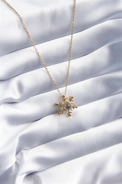 Mey İthalat® 316L Çelik Gold Renk Zirkon Taşlı Kar Tanesi Projeksiyon Model Kadın Kolye