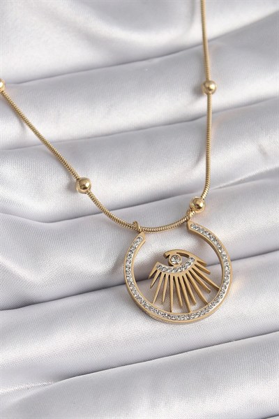 Mey İthalat® 316L Çelik Gold Renk Zirkon Taşlı Göz Model Kadın Kolye