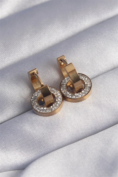 Mey İthalat® 316L Çelik Gold Renk Zirkon Taşlı İç İçe Geçmeli Oval Küpe