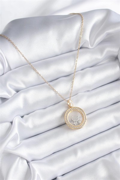Mey İthalat® 316L Çelik Gold Renk Zirkon Taş Detay Ay Yıldız Fanus Model Kadın Kolye