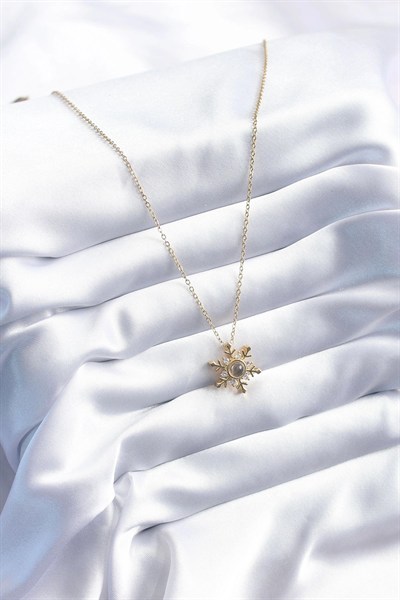 Mey İthalat® 316L Çelik Gold Renk Zirkon Taşlı Kar Tanesi Projeksiyon Model Kadın Kolye