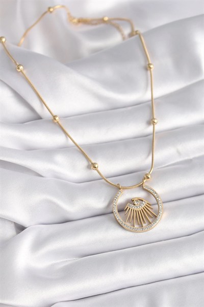 Mey İthalat® 316L Çelik Gold Renk Zirkon Taşlı Göz Model Kadın Kolye