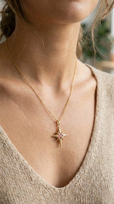 Mey İthalat® 316L Çelik Gold Renk Zirkon Taşlı Kutup Yıldızı Model Kadın Kolye