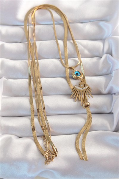 Mey İthalat® 316L Çelik Gold Renk Zirkon Taşlı Göz Detay Nazarlı Uzun Asansör Model Kolye