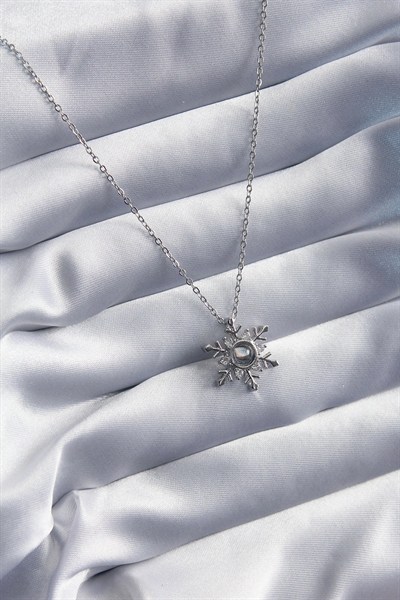 Mey İthalat® 316L Çelik Gold Renk Zirkon Taşlı Kar Tanesi Projeksiyon Model Kadın Kolye