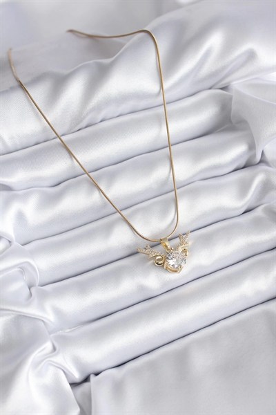 Mey İthalat® 316L Çelik Gold Renk Zirkon Taşlı Boynuz Model Kadın Kolye