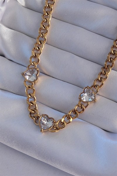 Mey İthalat® 316L Çelik Gold Renk Zirkon Taşlı Kalp Model Zincir Kolye