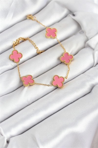 Mey İthalat® 316L Çelik Gold Zincir Pembe Yonca Renk Bileklik