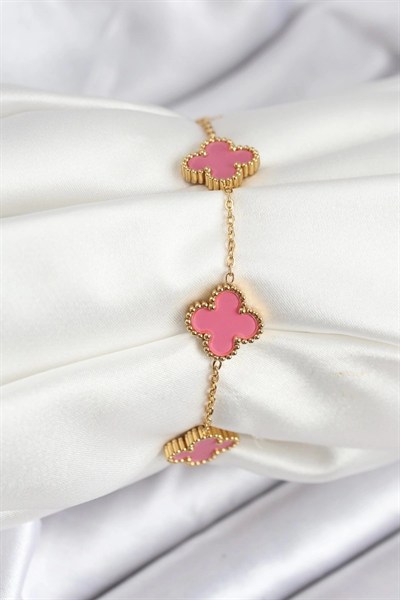 Mey İthalat® 316L Çelik Gold Zincir Pembe Yonca Renk Bileklik