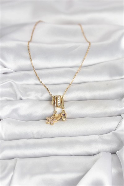 Mey İthalat® 316L Çelik Gold Zirkon Taşlı Deniz Tema Charmlı Kadın Kolye