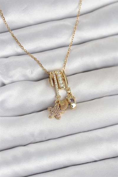 Mey İthalat® 316L Çelik Gold Zirkon Taşlı Deniz Tema Charmlı Kadın Kolye