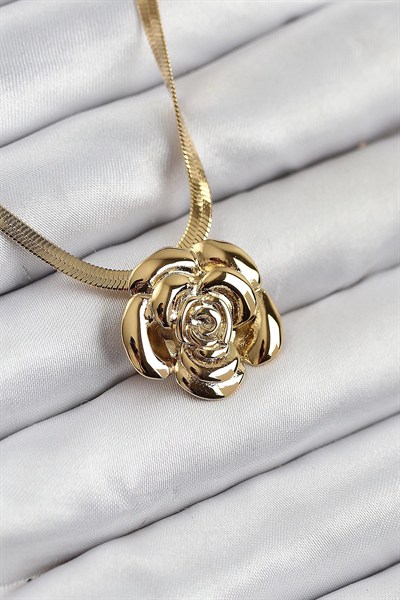 Mey İthalat® 316L Çelik Gül Figürlü İtalyan Zincir Model Gold Renk Kadın Kolye