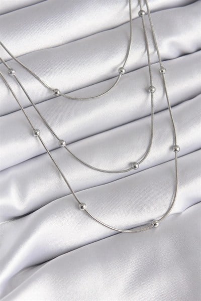 Mey İthalat® 316L Çelik Gümüş Renk 3lü Topçuk Detay Kadın Kolye