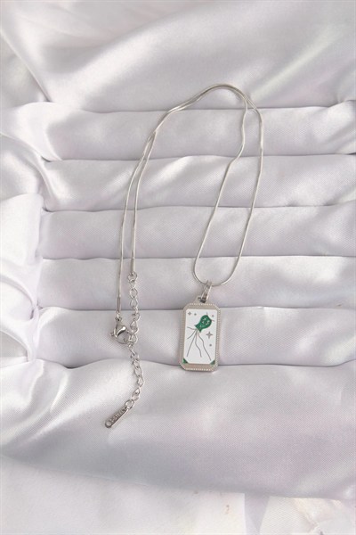 Mey İthalat® 316L Çelik Gümüş Renk Beyaz Mineli Tarot Kolye
