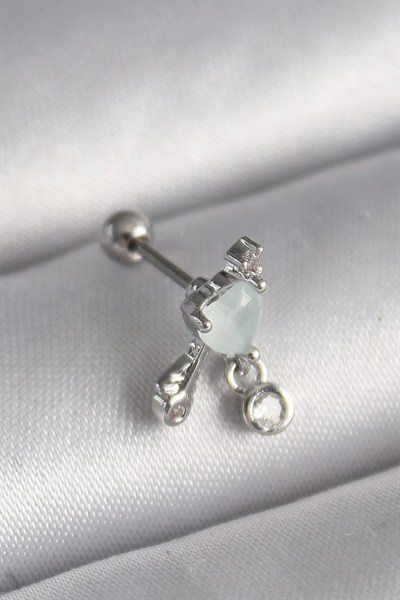 Mey İthalat® 316L Çelik Gümüş Renk Beyaz Minelik Kalp Sallantı Zirkon Taş Detay Tragus Piercing