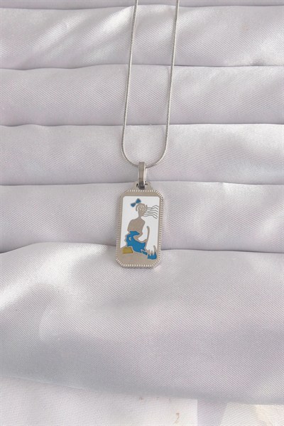 Mey İthalat® 316L Çelik Gümüş Renk Beyaz Mineli Kız Figür Tarot Kolye