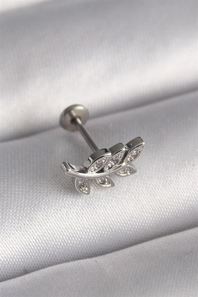Mey İthalat® 316L Çelik Gümüş Renk Dal Model Zirkon Taş Detaylı Tragus Piercing