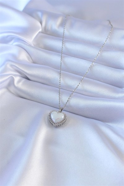 Mey İthalat® 316L Çelik Gümüş Renk İncili Kalp Model Zirkon Taşlı Kadın Kolye
