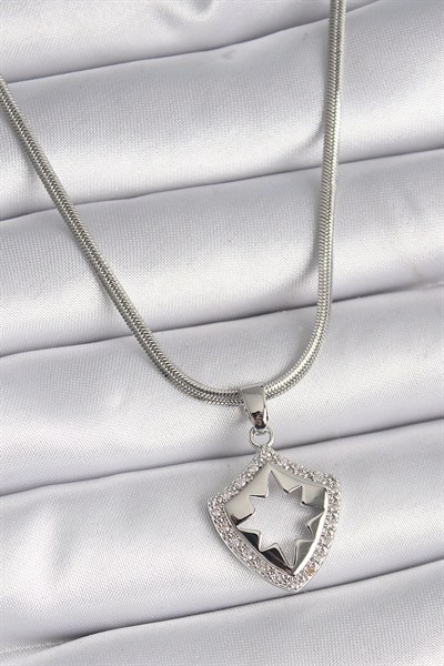 Mey İthalat® 316L Çelik Gümüş Renk İtalyan Zincir Zirkon Taşlı Kutup Yıldızı İşleme Model Kadın Kolye