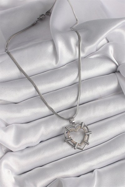 Mey İthalat® 316L Çelik Gümüş Renk İtalyan Zincir Mix Renk Zirkon Taş Detay Kalp Model Kadın Kolye