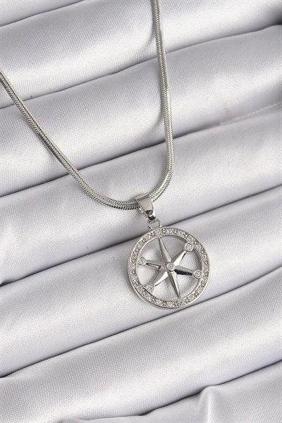 Mey İthalat® 316L Çelik Gümüş Renk İtalyan Zincir Zirkon Taşlı Kutup Yıldız Model Kadın Kolye