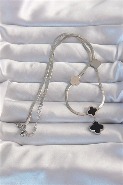 Mey İthalat® 316L Çelik Gümüş Renk İtalyan Zincirli Mineli Yonca Kolye