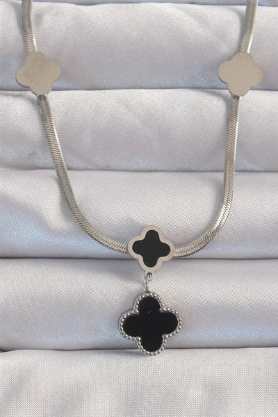 Mey İthalat® 316L Çelik Gümüş Renk İtalyan Zincirli Mineli Yonca Kolye