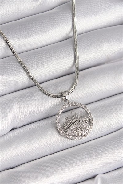 Mey İthalat® 316L Çelik Gümüş Renk İtalyan Zincir Zirkon Taşlı Göz Model Kadın Kolye