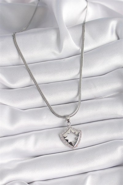 Mey İthalat® 316L Çelik Gümüş Renk İtalyan Zincir Zirkon Taşlı Kutup Yıldızı İşleme Model Kadın Kolye
